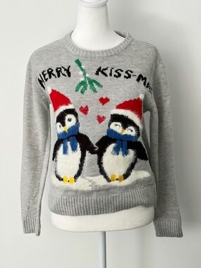 H&M Gray Holiday Penguin Sweater with Red Hats and Blue Scarves